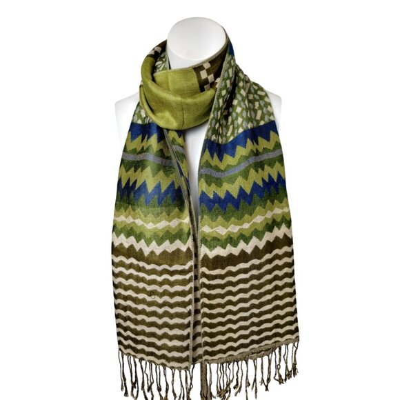 Womens Bohemian Green and Blue Patterned Scarf With Tassel Fringe - Picture 1 of 3